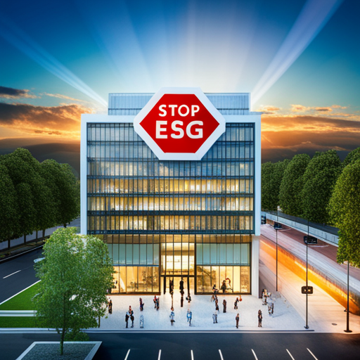 Image of a building with a sign on the roof STOP ESG and what you can do